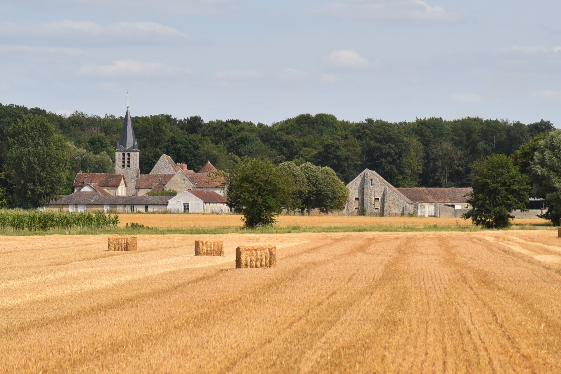 Village de Seine-et-Marne entouré de champs après la moisson